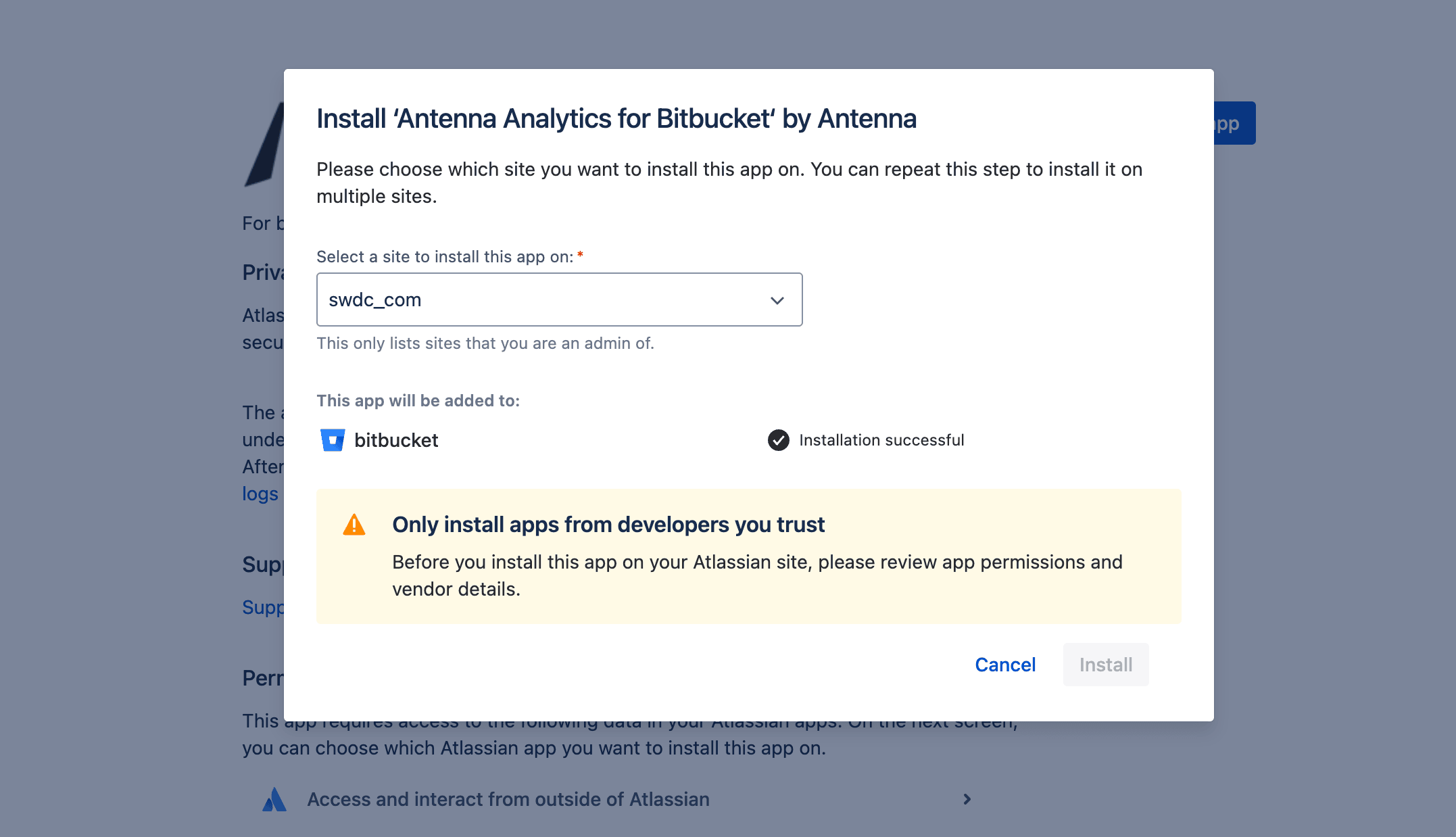 Install Antenna Analytics for Bitbucket dialog