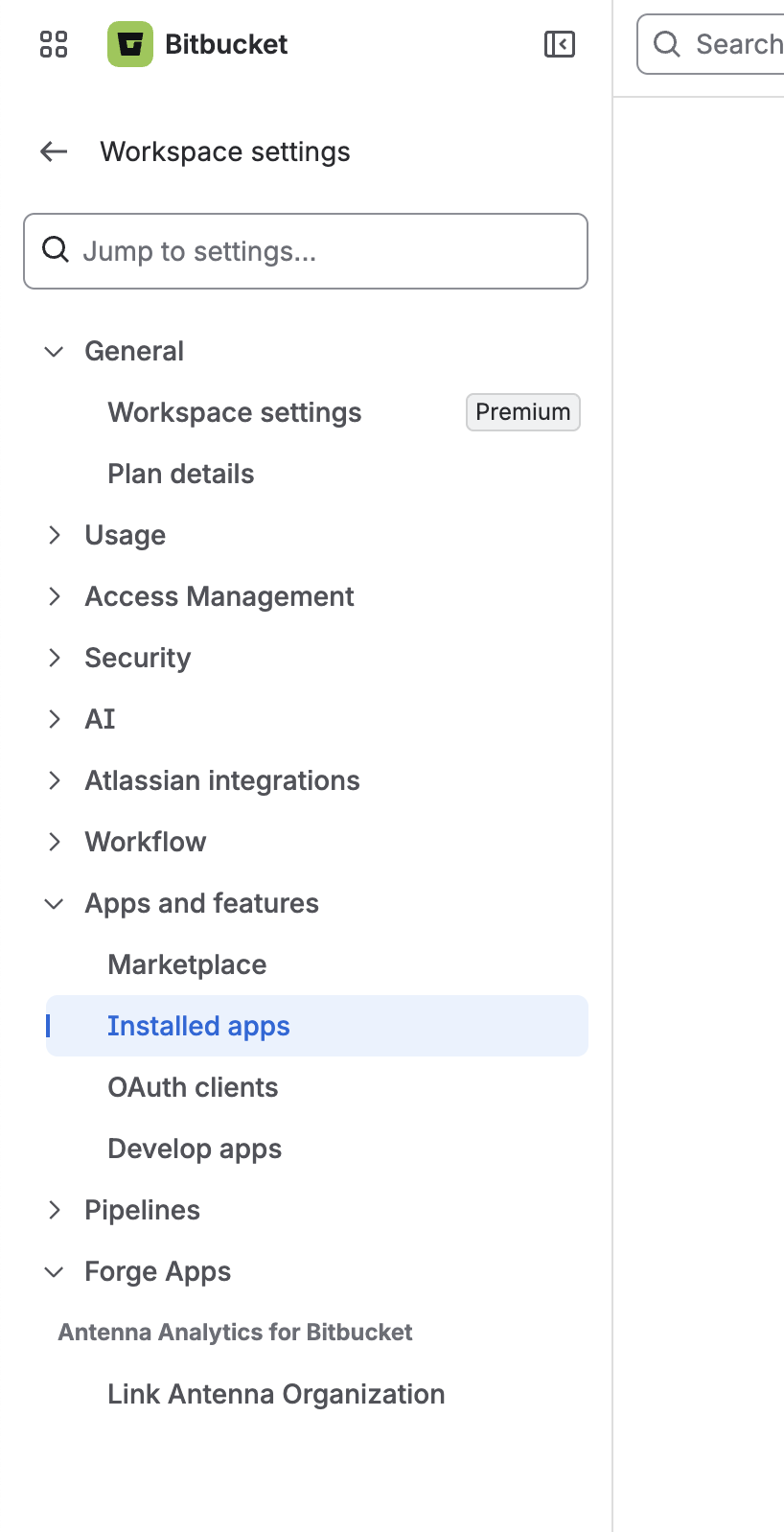 Link Antenna Organization in the Bitbucket workspace settings sidebar