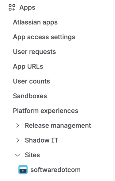 Selecting a site under Apps in Atlassian administration