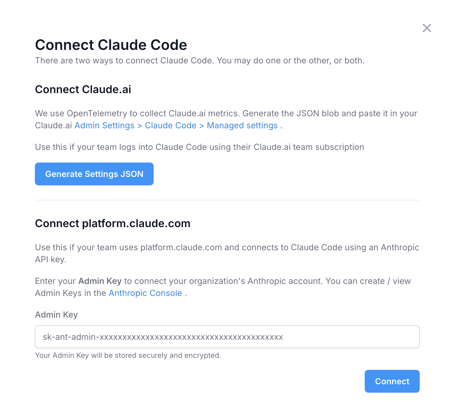 Connect Claude Code modal showing Claude.ai and platform.claude.com connection options